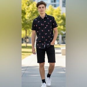 Black Denim Shorts size 30 , and a black Christmas shirt size xs